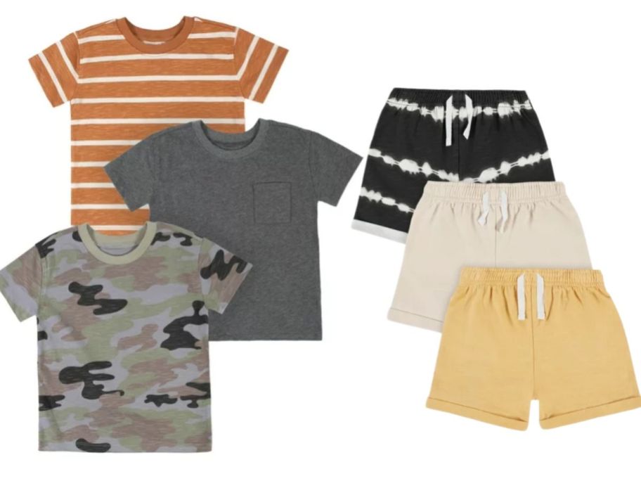 toddler boy's tshirts and shorts in various colors and patterns