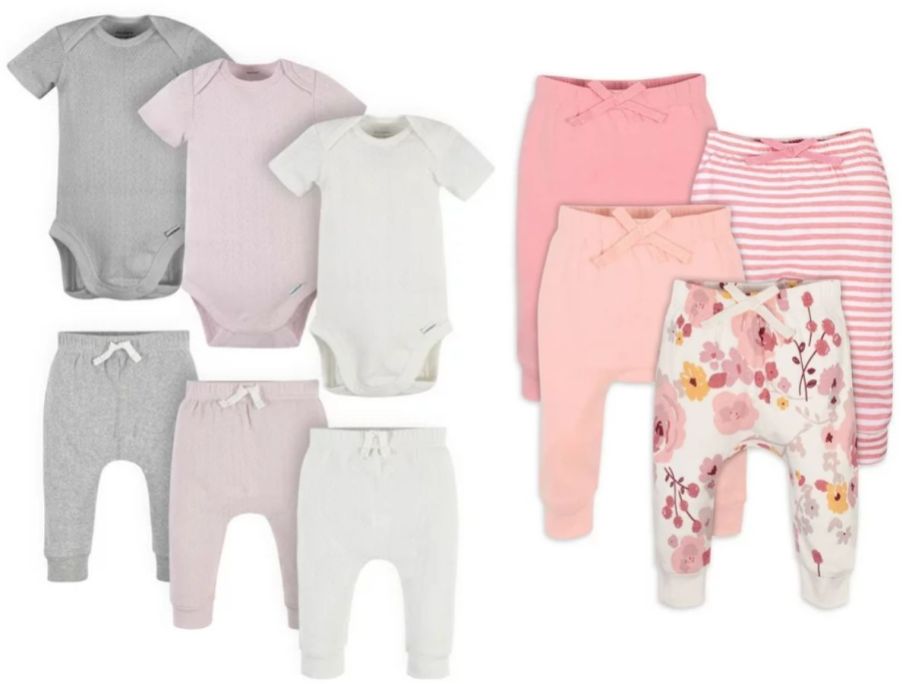 toddler and baby onesies and pants in various colors