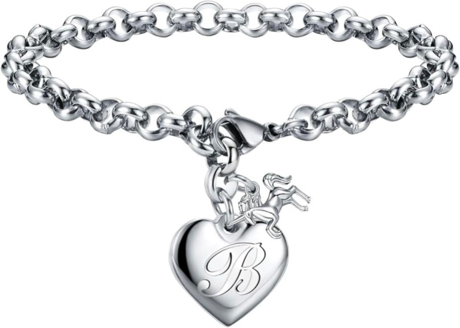 silver bracelet with B initial heart and unicorn charm 