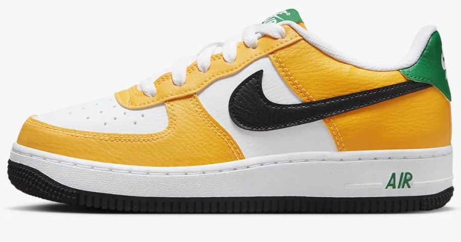 yellow, white, black and green Nike Air Force 1 Kid's shoe
