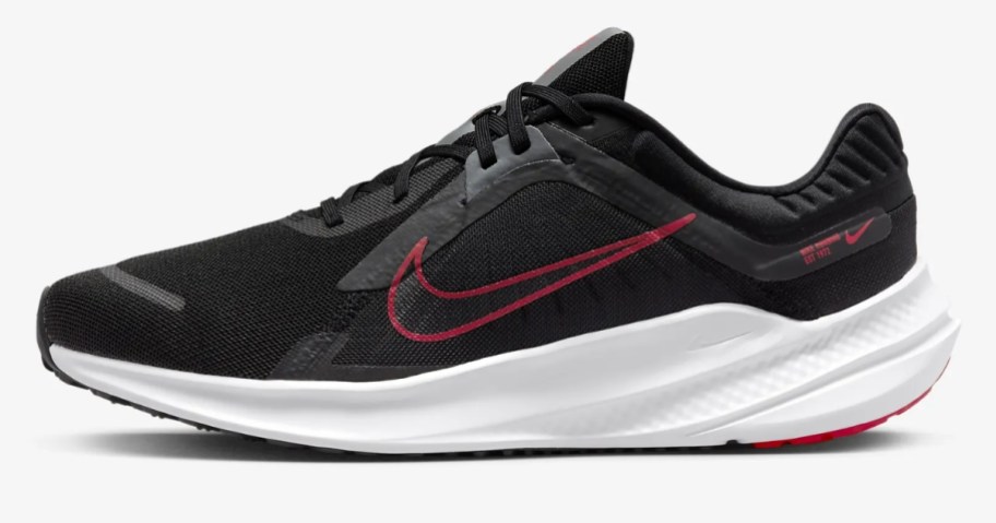 black, red and white men's Nike running shoe