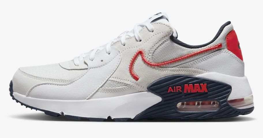 white, tan, grey, black and red men's Nike Air Max shoe