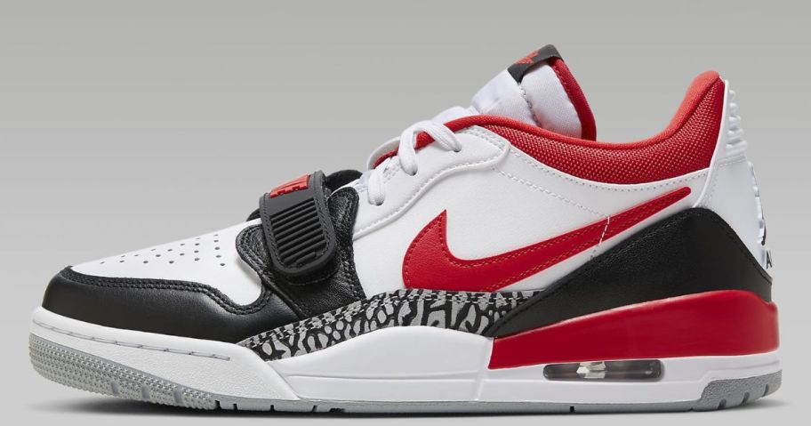 white, black, red men's Nike Air Jordan shoe
