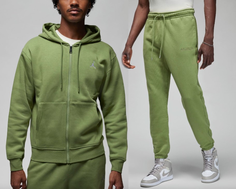 men wearing green zip hoodie and nike joggers