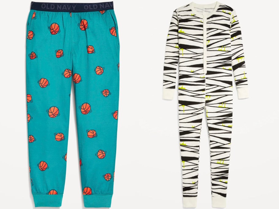 teal pajama pants with basketballs and kids mummy pajamas