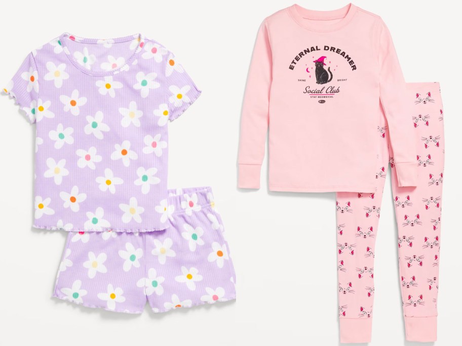 purple floral and pink witch cat girls pajamas