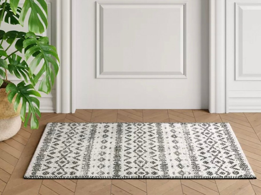 gray and white printed rug in front of white door next to plant