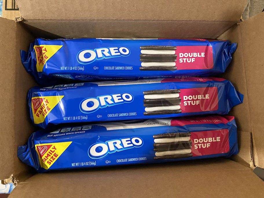 3 boxes of double stuf oreos in box
