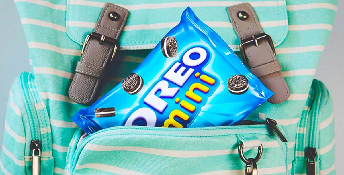 oreo minis single pack sticking out of a front pocket of a backpack