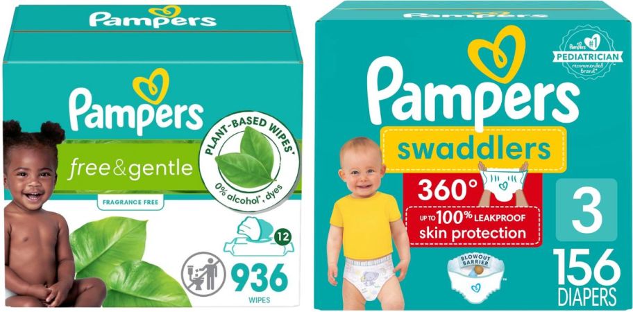 a box of pampers wipes and a box of pampers diapers on a white background