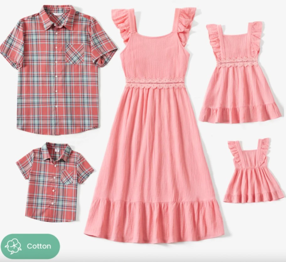 pink dresses and plaid shirts for matching family outfits