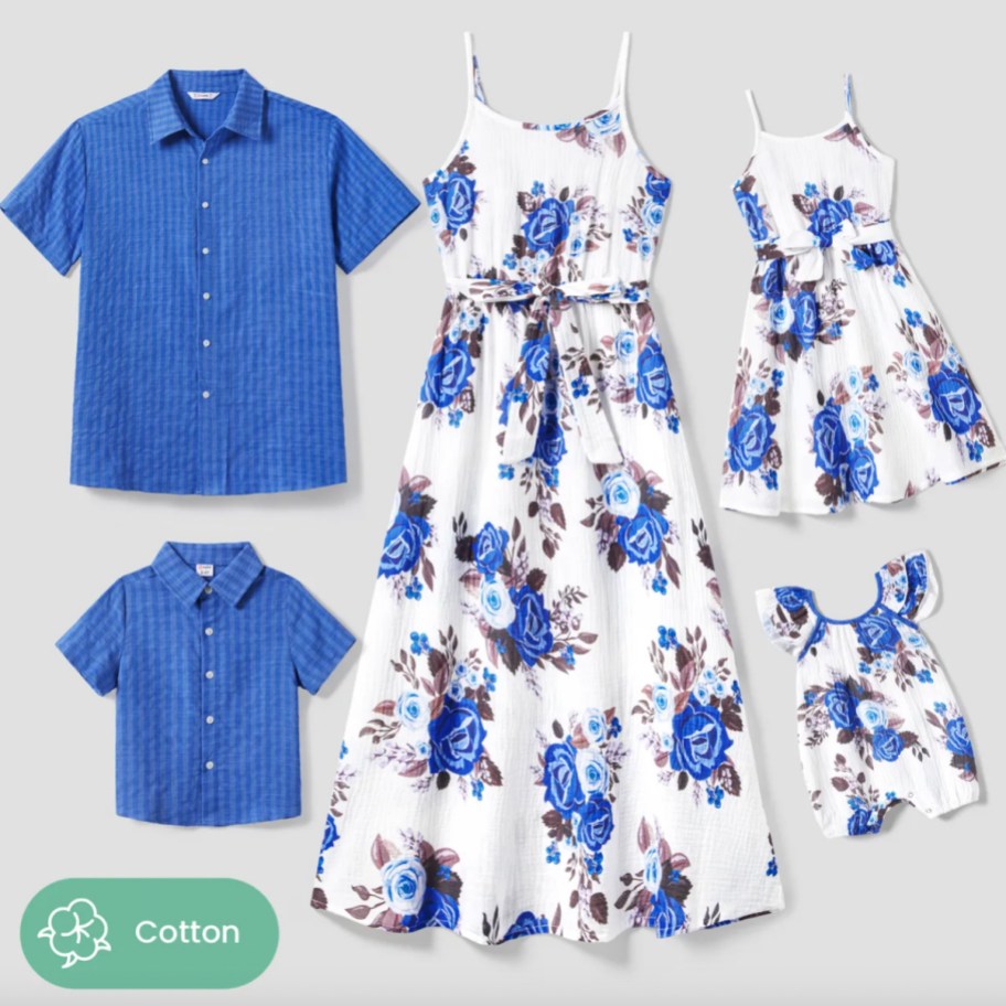 blue and white floral matching family shirts and dressess