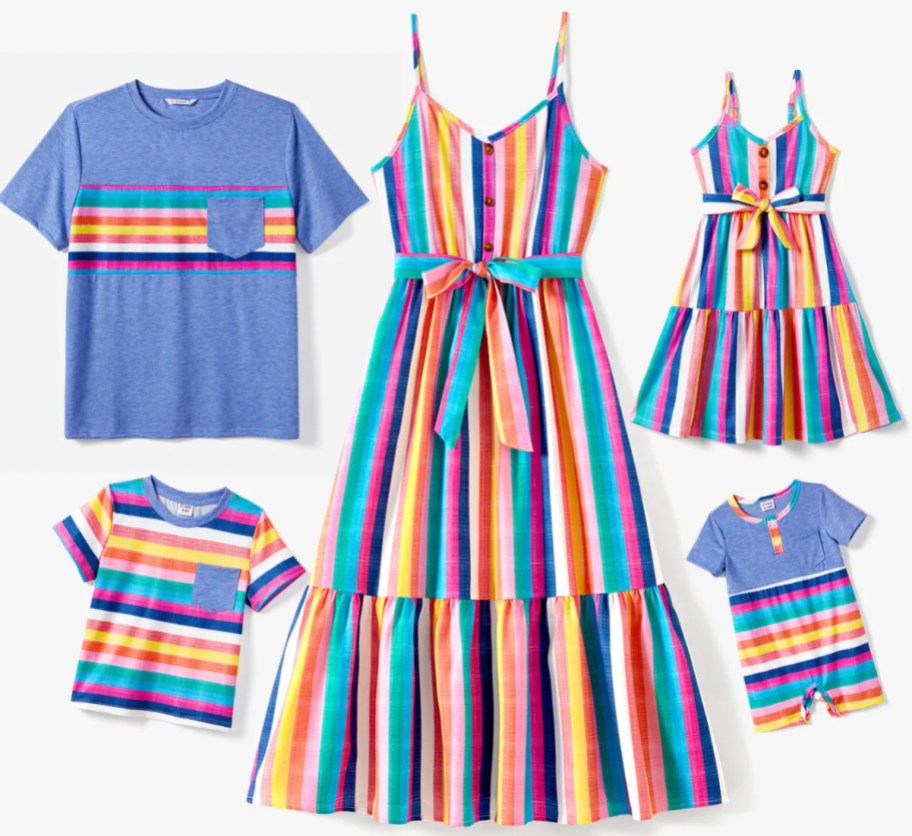 blue and raimbow striped dresses and shirts for family