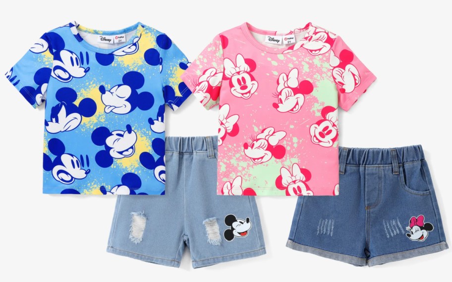 mickey and minnie tie dye shirts and denim shorts