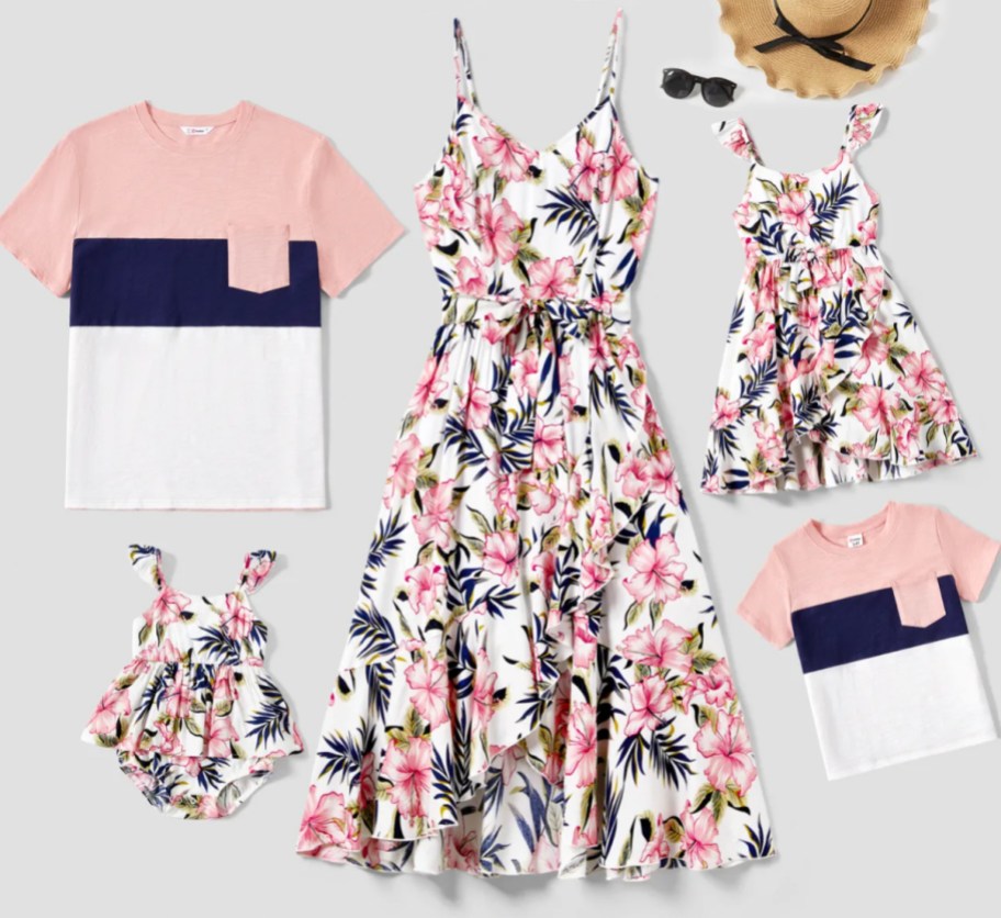 pink white and black floral matching family shirts and dresses