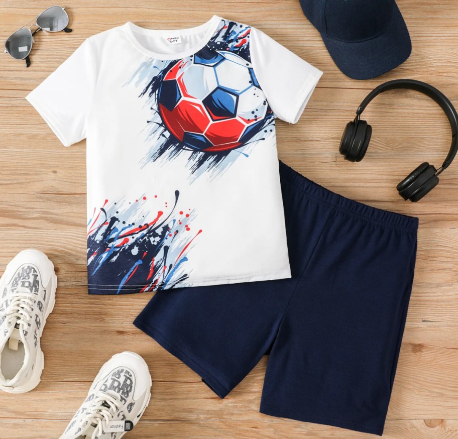 soccer t shirt and shorts withheadphones