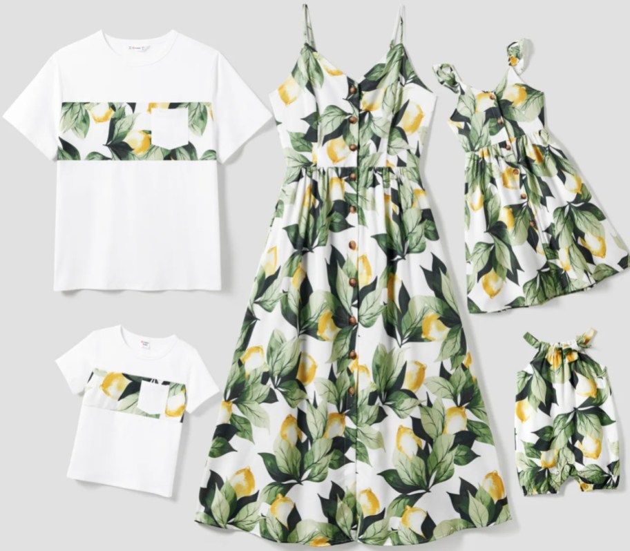 white and lemon print dresses and shirts for matching family outfit