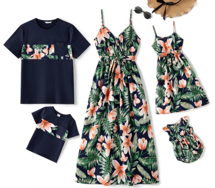 navy and green floral matching family shirts and dresses