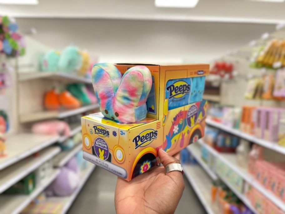 hand holding a Peeps Easter Plush in a School Bus box gift set