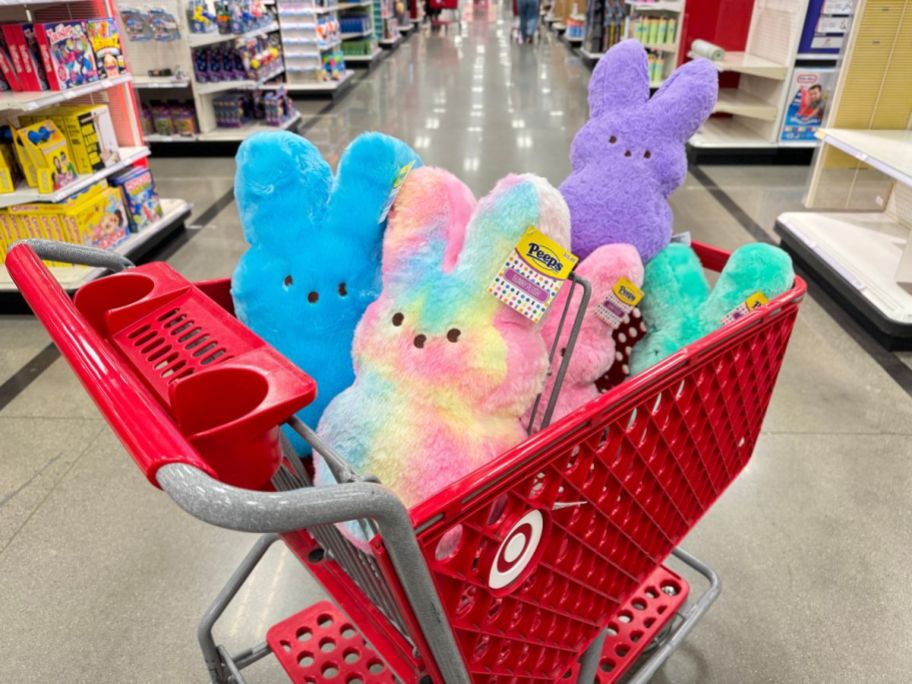 Target cart full of large plush Peeps in different colors