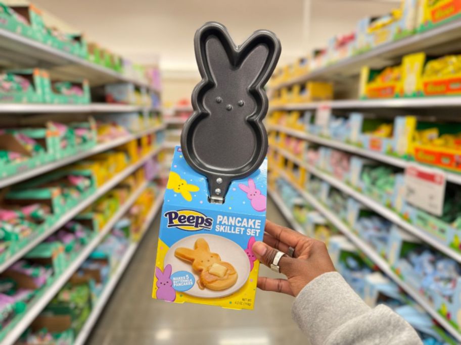 hand holding a Peeps Pancake Skillet gift set in store aisle