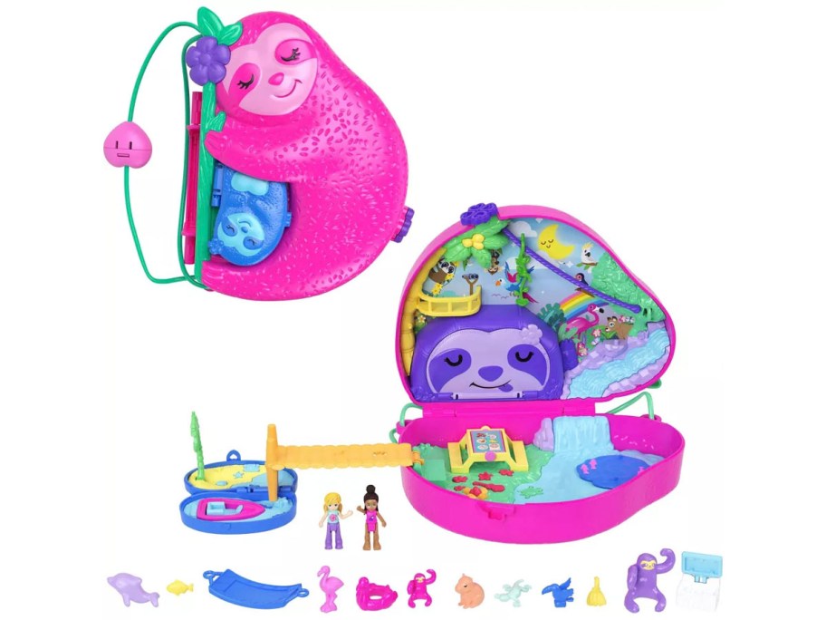 pink sloth polly pocket playset open and closed with accessories stock images