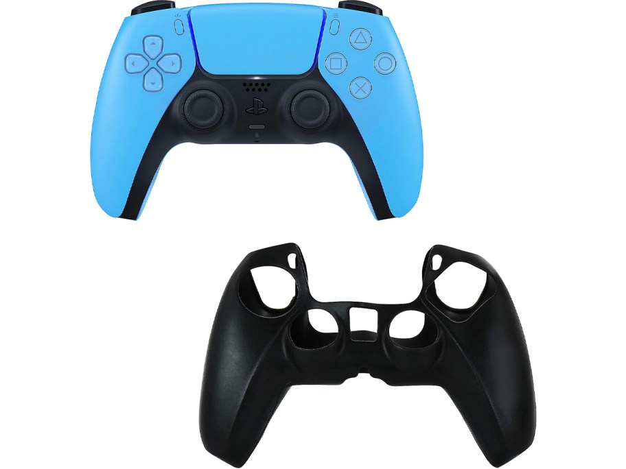 blue ps5 controller with black sleeve 