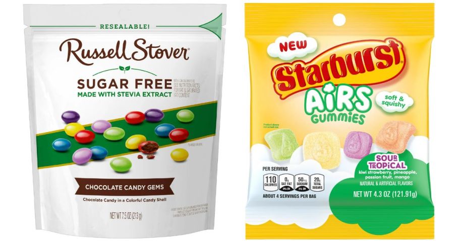 a bag of russel stover sugar free gems and a bag of starburts air puffed gummies