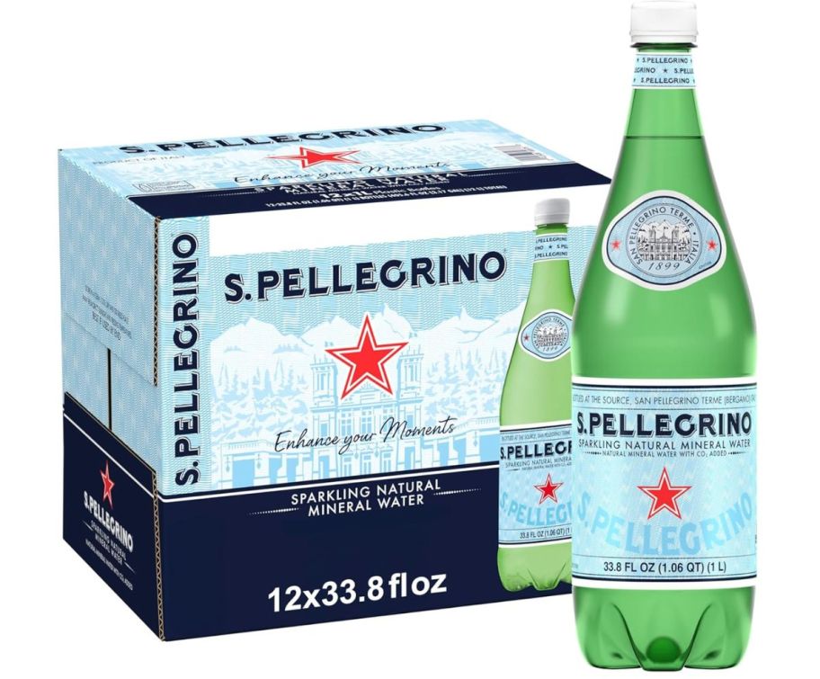 a 12 pack of 33.8 ounce bottles of s pellegrino sparkling water