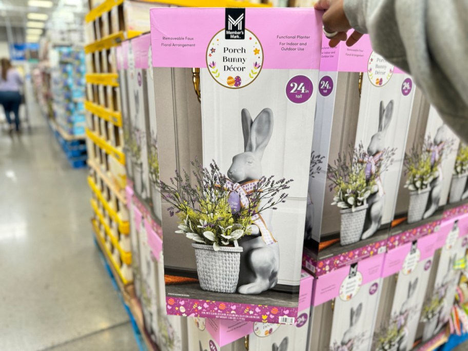 hand tipping a box with members mark porch bunny decor on display at sams club
