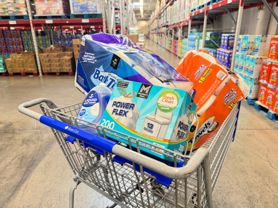 sam's club cart full of household paper products