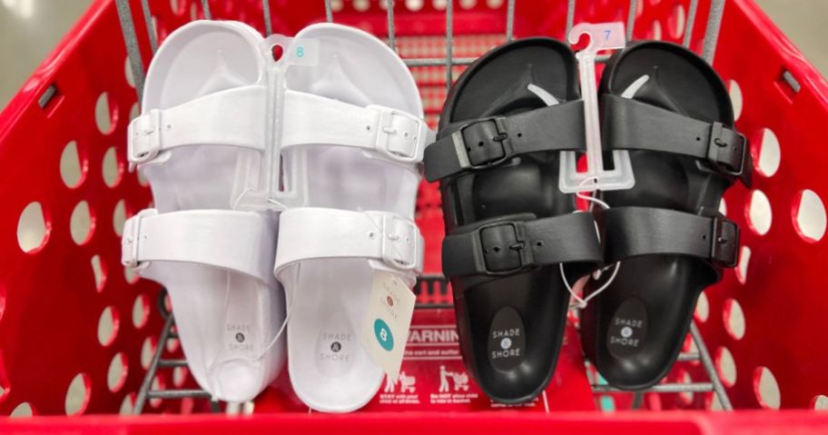 two pair of footbed two strap sandals in a red shopping cart