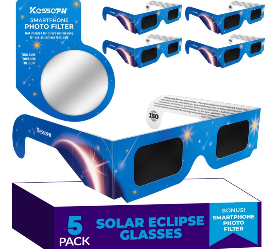 5 pairs of solar eclipse glasses on a white background