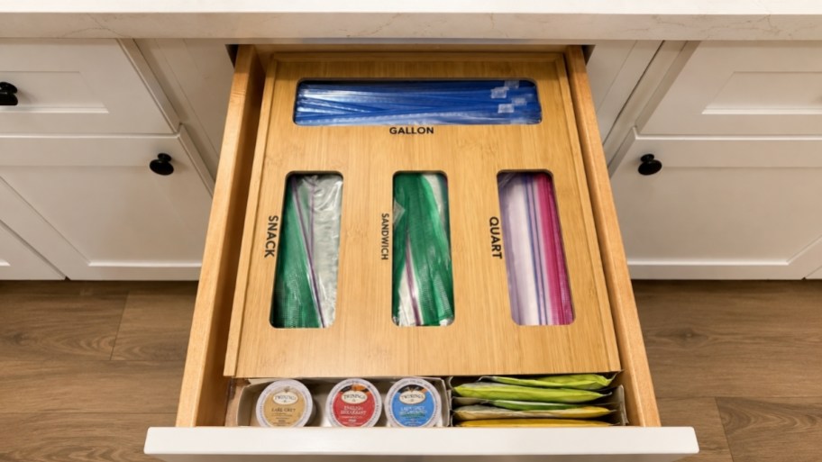 a bamboo food storage bag organizer