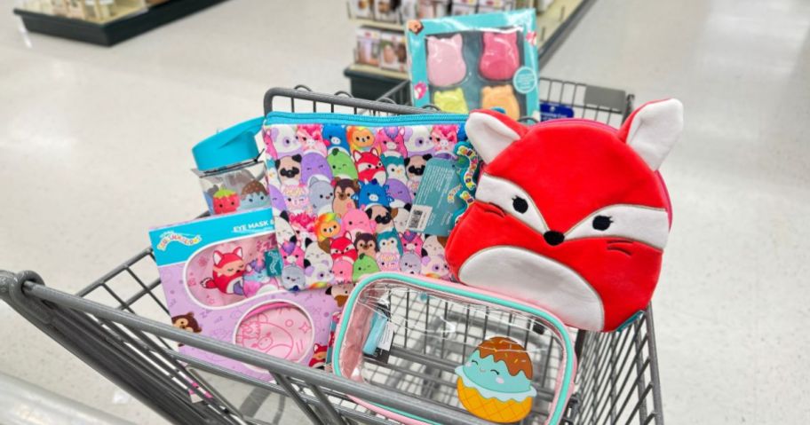 Hobby Lobby shopping cart filled with various Squishmallow accessories