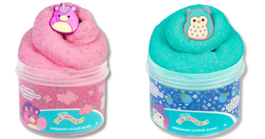 pink and blue Squishmallow slime containers with slime coming out and charms on top
