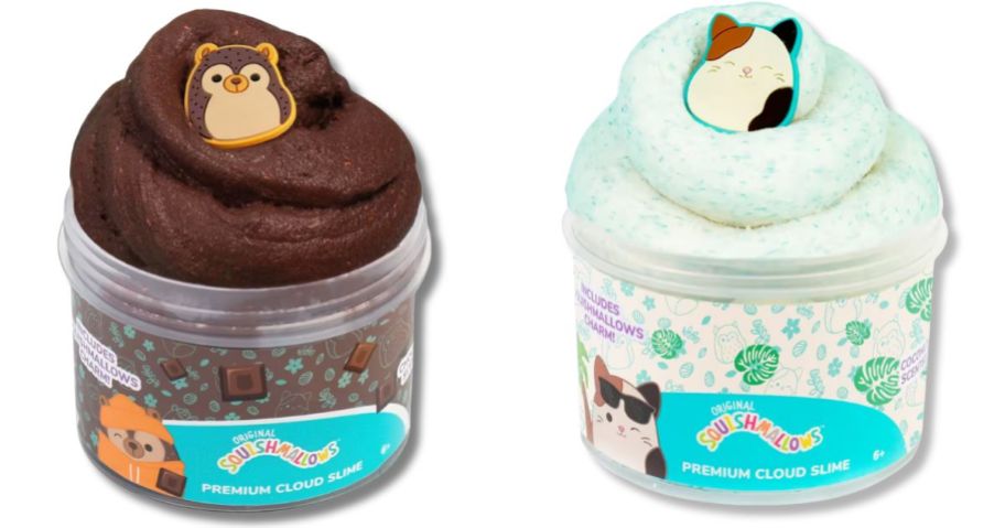 brown and white Squishmallows slime containers with slime coming out and charms on top