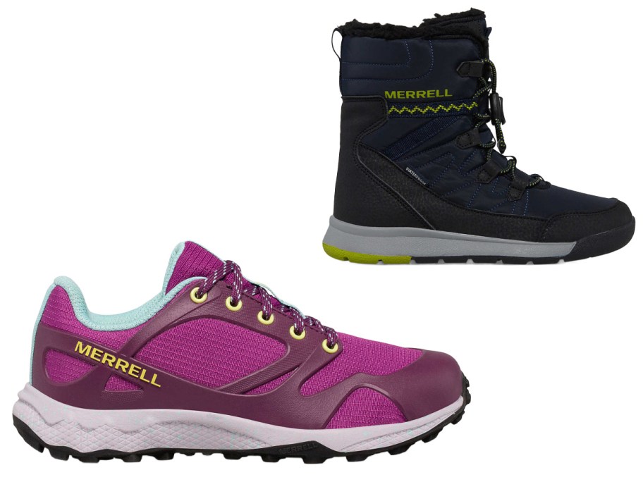 stock image of Merrell pink shoes and stock image of Merrell black boot