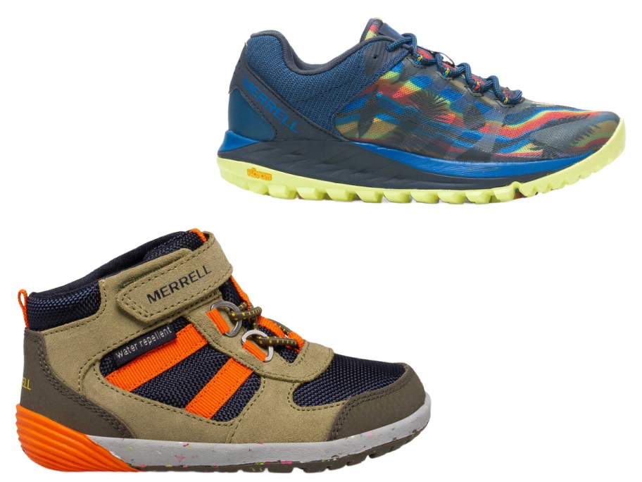 stock image of childrens Merrell boot and women's blue sneakers