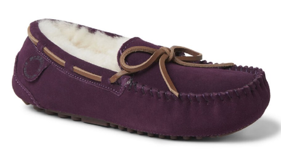 stock image of ireside Victoria Genuine Shearling Lace Moccasin Slipper in purple
