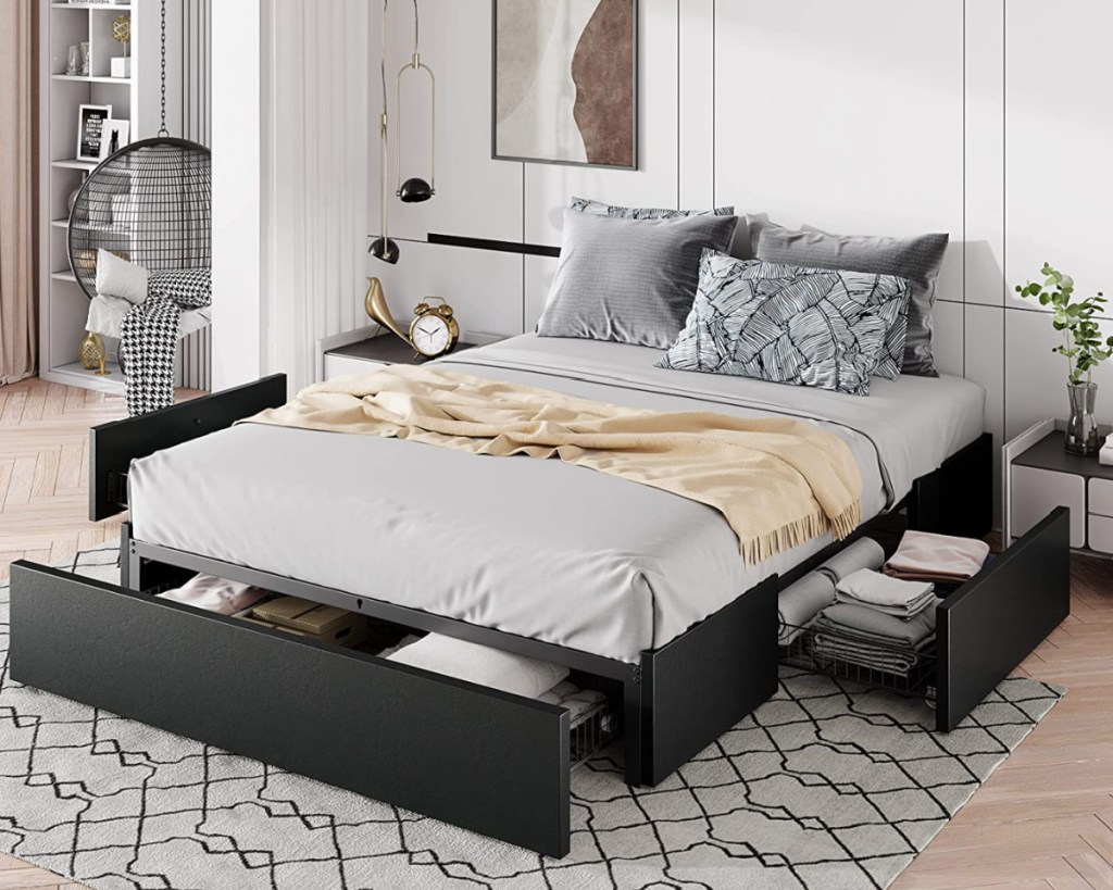 black leather bed frame with drawers