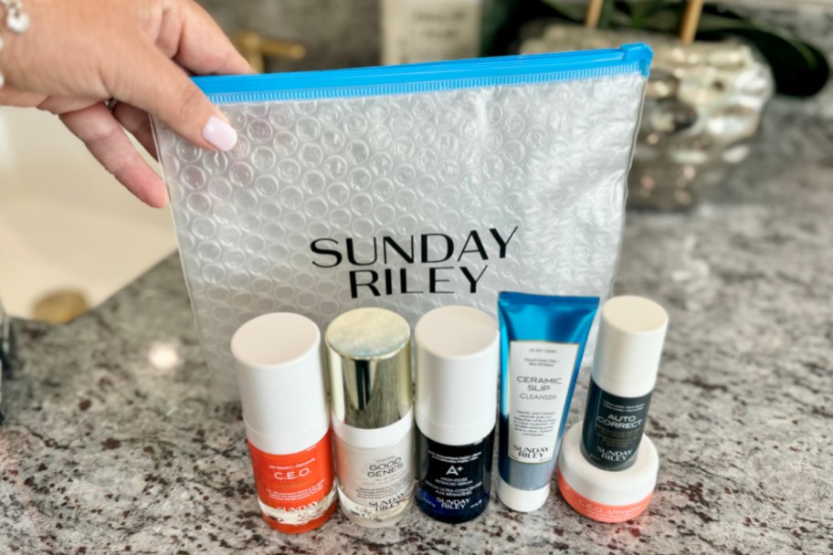 sunday riley bag behind travel sized skincare