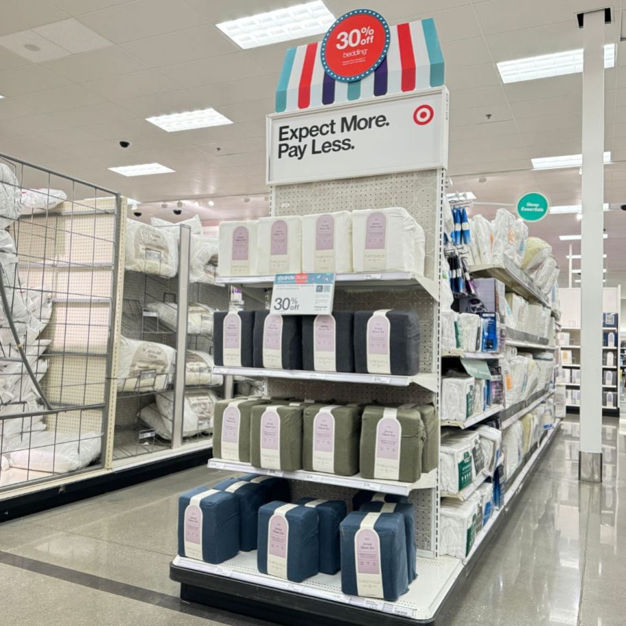 thresholdjersey sheet set on an end cap in a target store