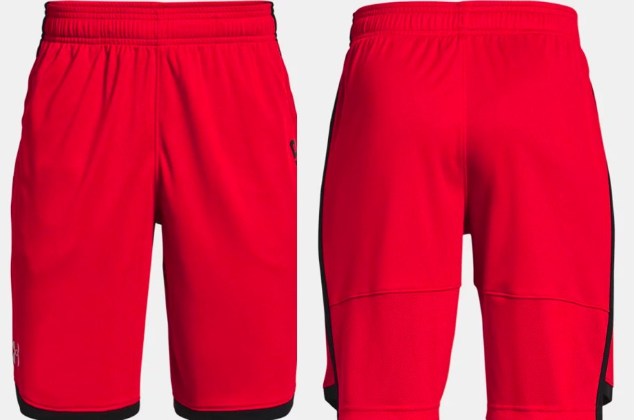 front and back image of red under armour shorts