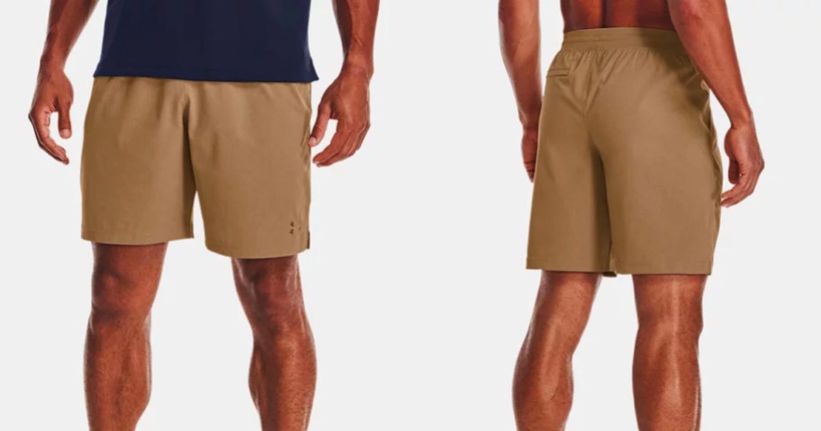 two men wearing khaki shorts