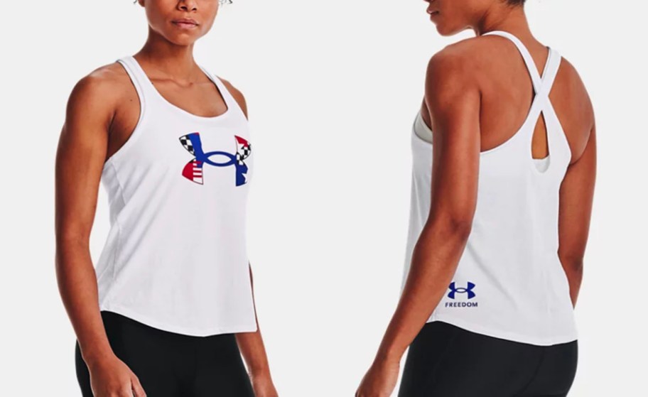 front and back image of woman wearing white under armour freedom tank