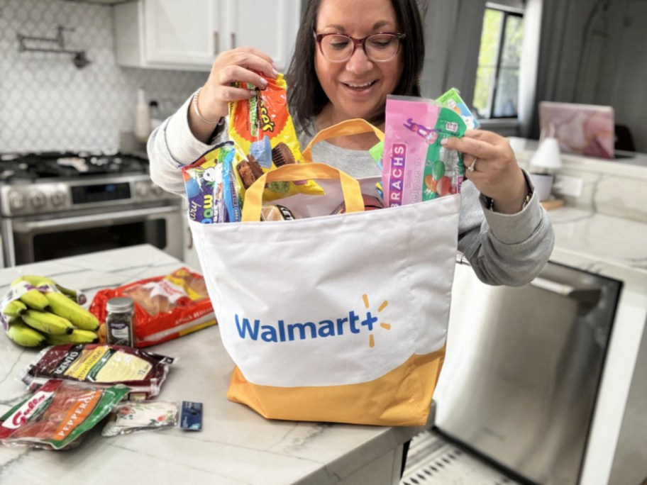 unloading walmart groceries from a tote bag