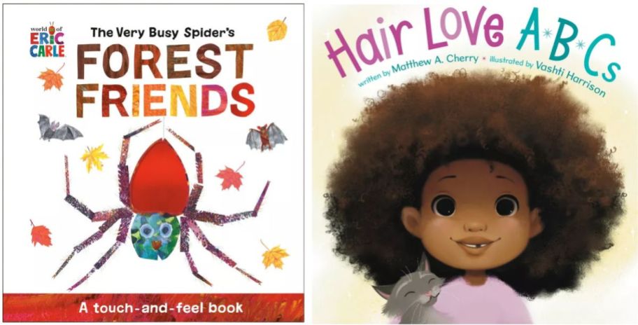 two book covers - The Very Busy Spider's Forest Friends and Hair Love ABCs,