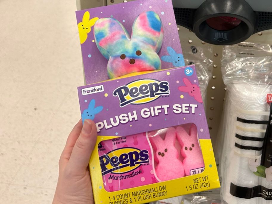 peeps plush gift set being held up in store aisle