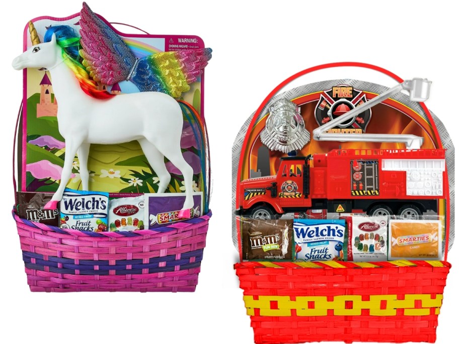 a pink Easter basket with a toy unicorn and other toys and a red Easter basket with firetruck related toys and candy